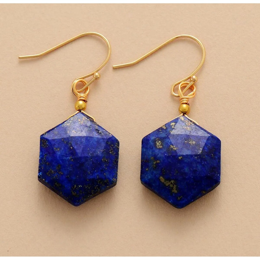 Goldtone Lapis Hexagon Drop Earrings