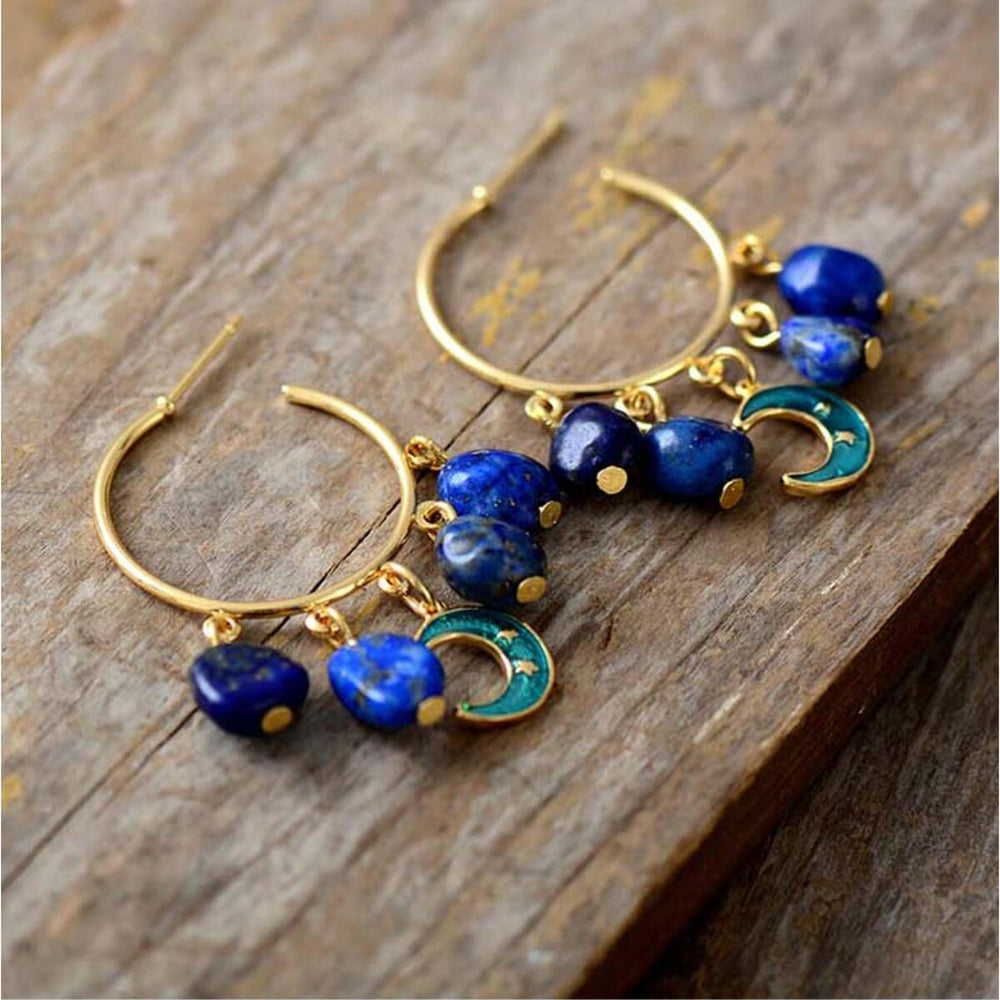 Goldtone Lapis Stone Blue Moon Hoop Earrings