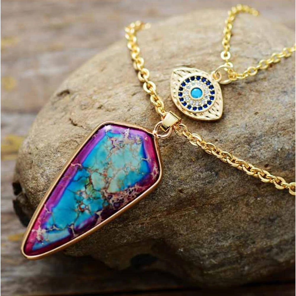 Goldtone Layered Eye & Purple Blue Jasper Pointed Necklace - White