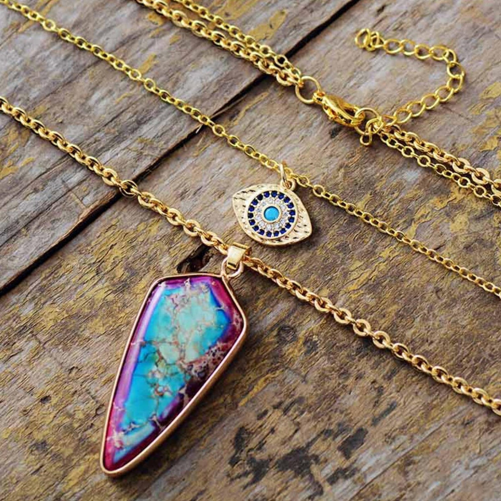 Goldtone Layered Eye & Purple Blue Jasper Pointed Necklace - White