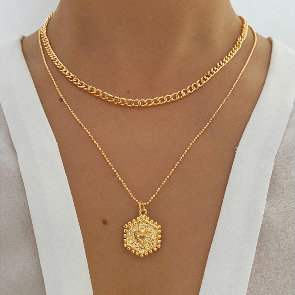 Goldtone Layered Heart Medallion Necklace - White