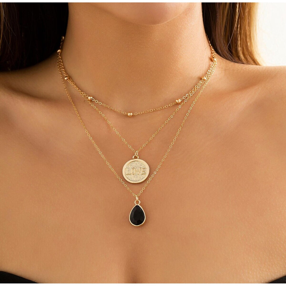 Goldtone Layered Love Black Teardrop Necklace - White