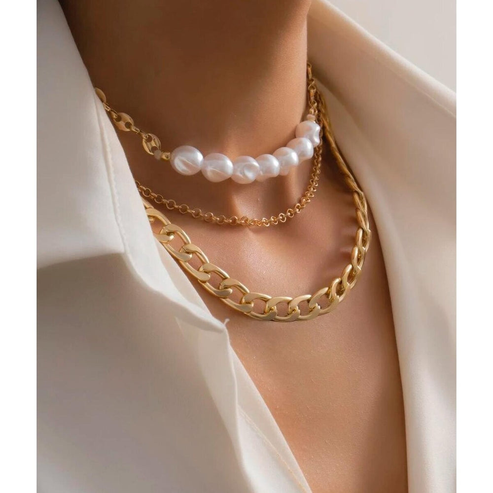 Goldtone Layered Omega And Pearl Chain Necklace Set - White