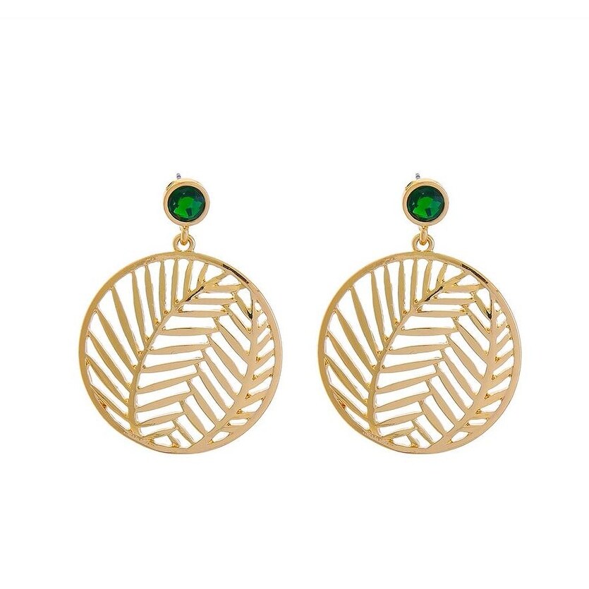 Goldtone Leaf Circular Green Crystal Earrings