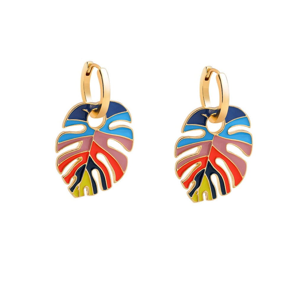 Goldtone Monstera Multi Colored Leaf Hoop Earrings