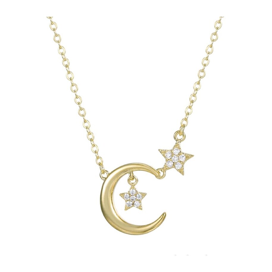 Goldtone Moon Cubic Zirconia Stars Pendant Necklace - White