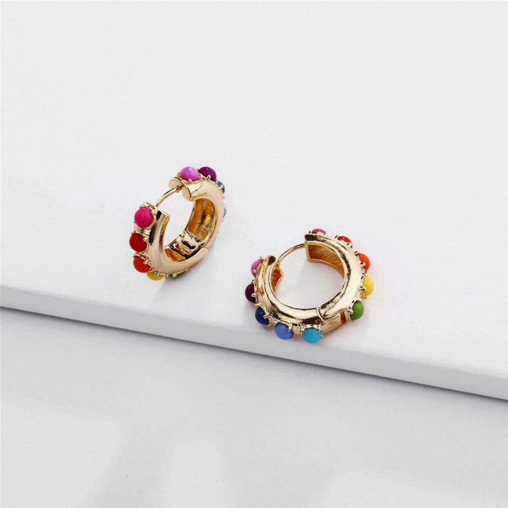 Goldtone Multi Colored Beaded Huggie Hoop Earrings