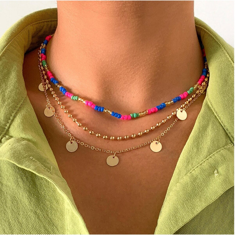 Goldtone Multi Colored Beaded Layered Necklace - White