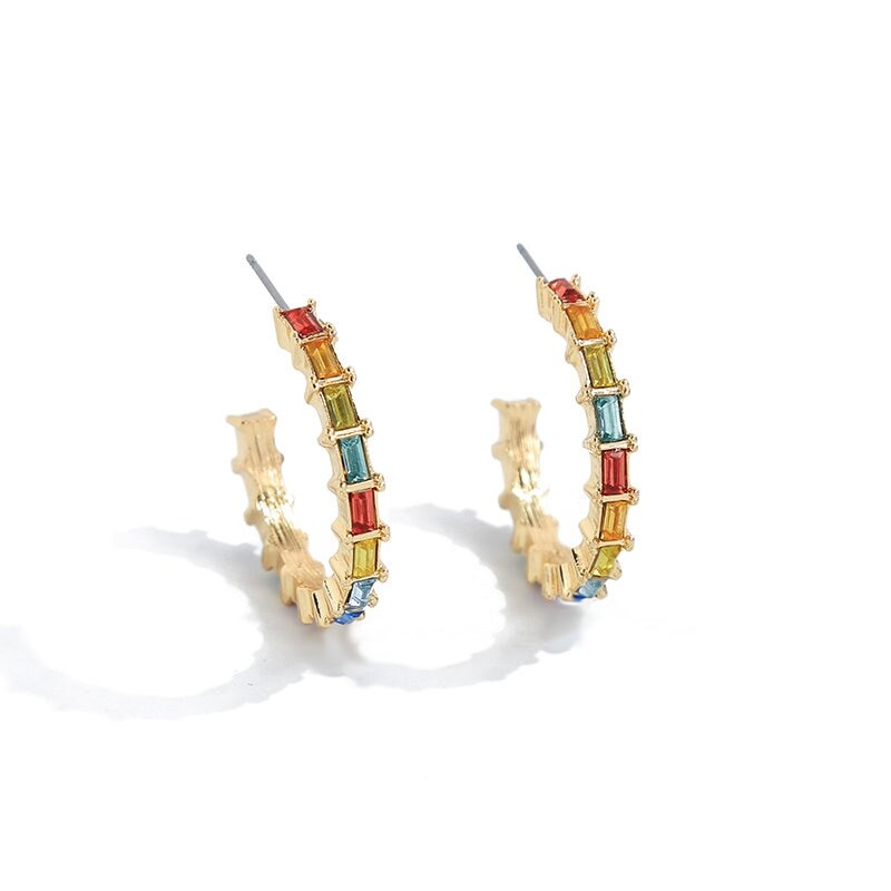 Goldtone Multi Colored Crystal Baguette Hoop Earrings