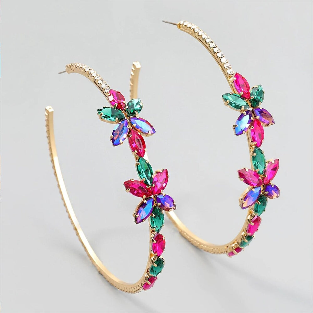 Goldtone Multi Colored Crystal Floral Hoop Earrings