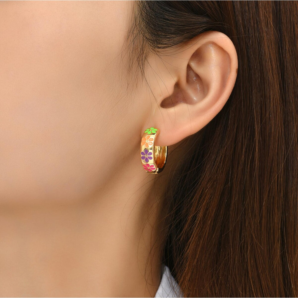 Goldtone Multi Colored Flower Huggie Hoop Earrings