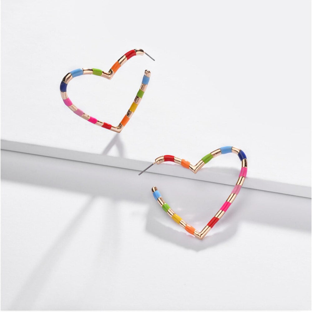 Goldtone Multi Colored Heart Hoop Earrings