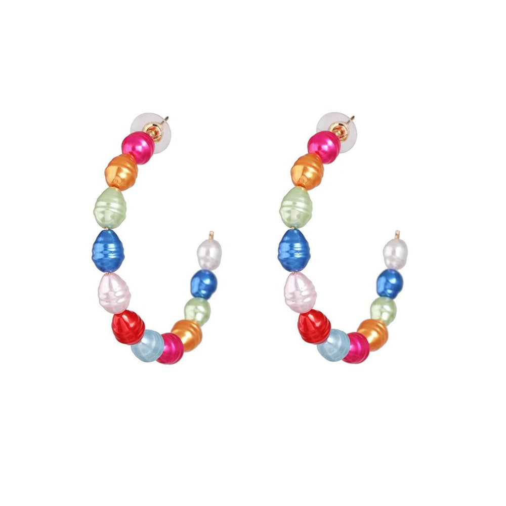 Goldtone Multi Colored Imitation Pearl Hoop Earrings