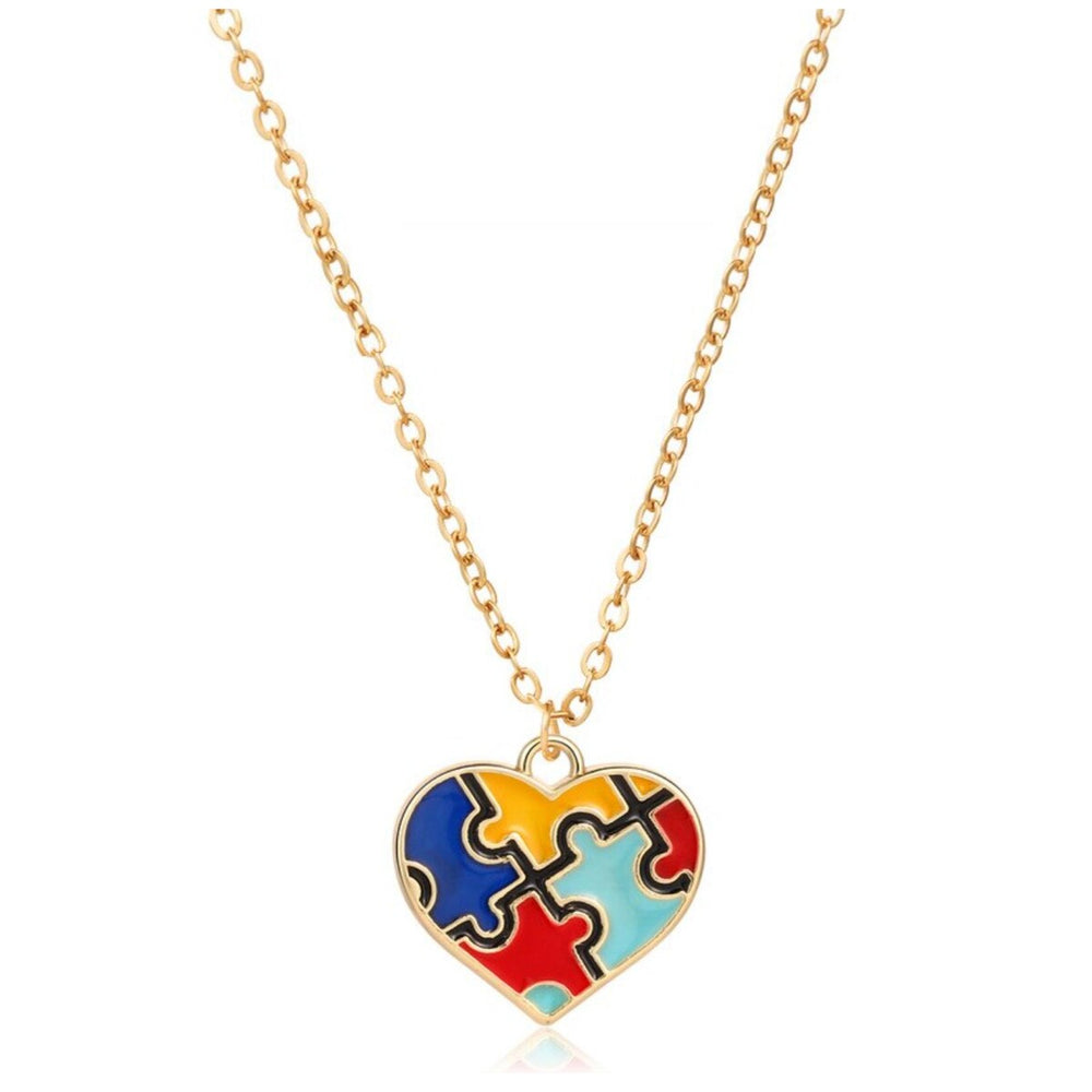 Goldtone Multi Colored Puzzle Piece Heart Necklace - White