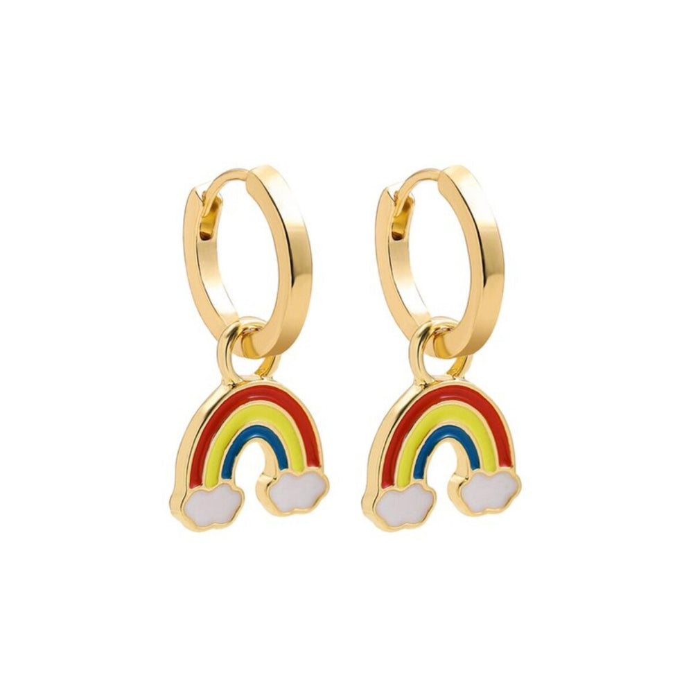 Goldtone Multi Colored Rainbow With Cloud Huggie Hoop Earrings