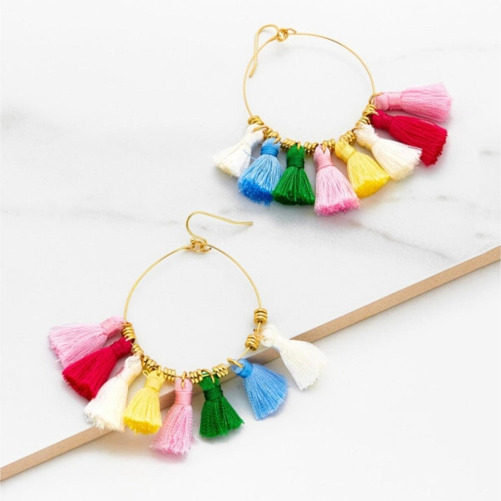 Goldtone Multi Colored Tassel Hooped Earrings