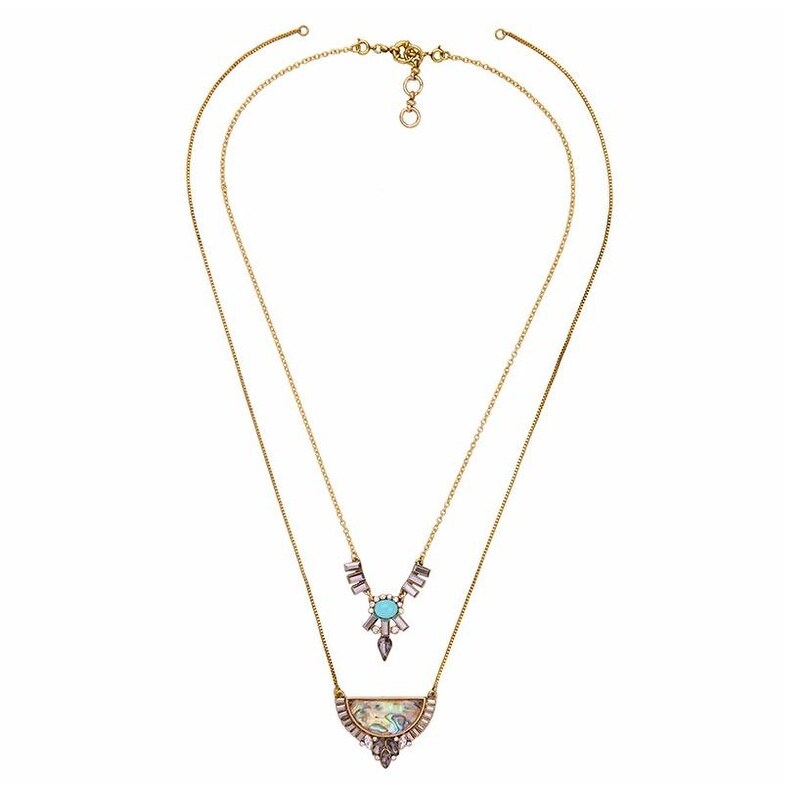 Goldtone Multi Colored Turquoise Aztec Layered Necklace - White