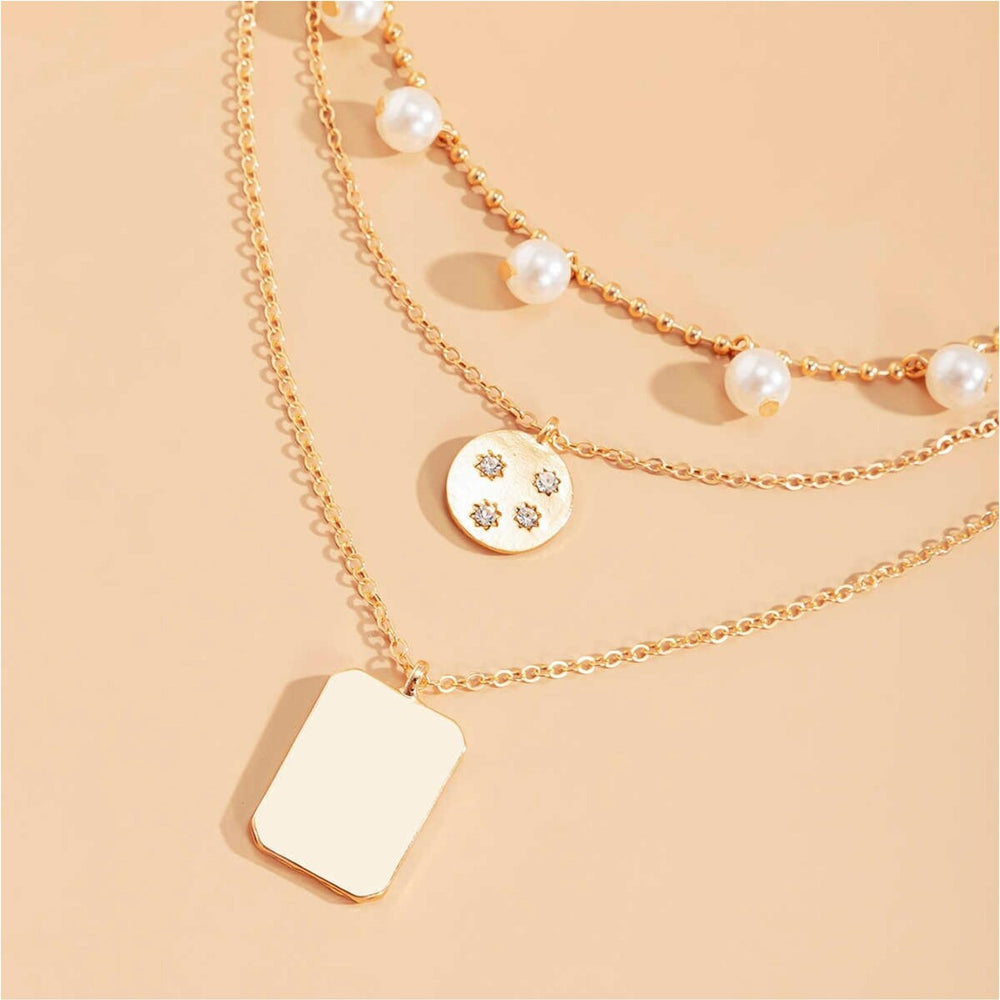 Goldtone Multi Layered Disk And Rectangular Necklace With Pearls And Crystals - White