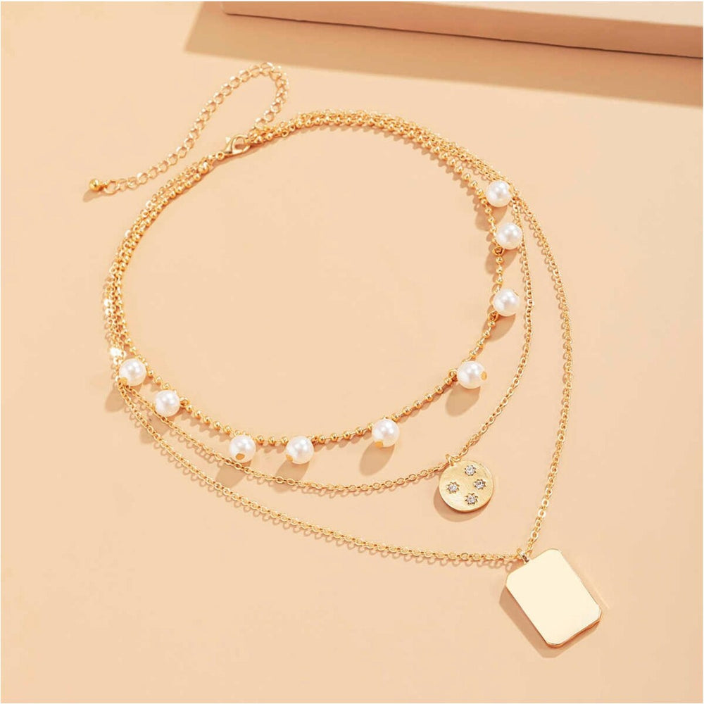 Goldtone Multi Layered Disk And Rectangular Necklace With Pearls And Crystals - White