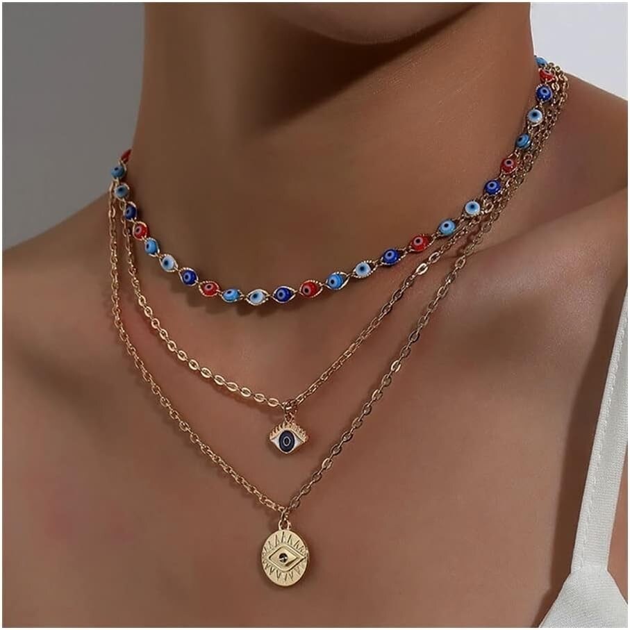 Goldtone Multicolor Evil Eye Layered Necklace - White