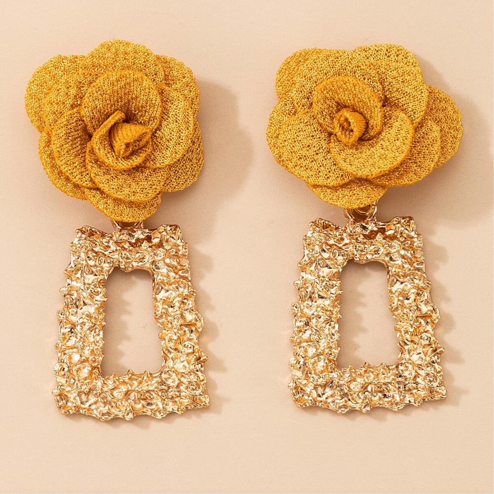 Goldtone Mustard Flower Hammered Statement Drop Earrings