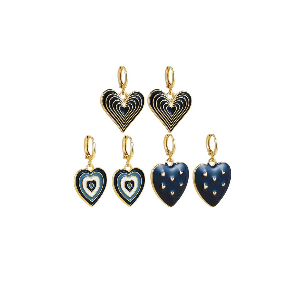 Goldtone Navy Patterned Hearts Set Of 3 Huggie Hoop Earrings