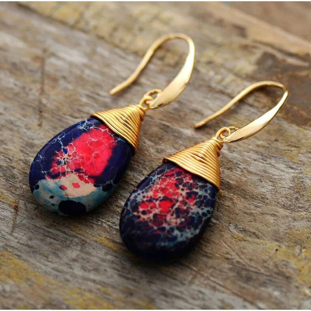 Goldtone Navy & Red Jasper Teardrop Drop Earrings