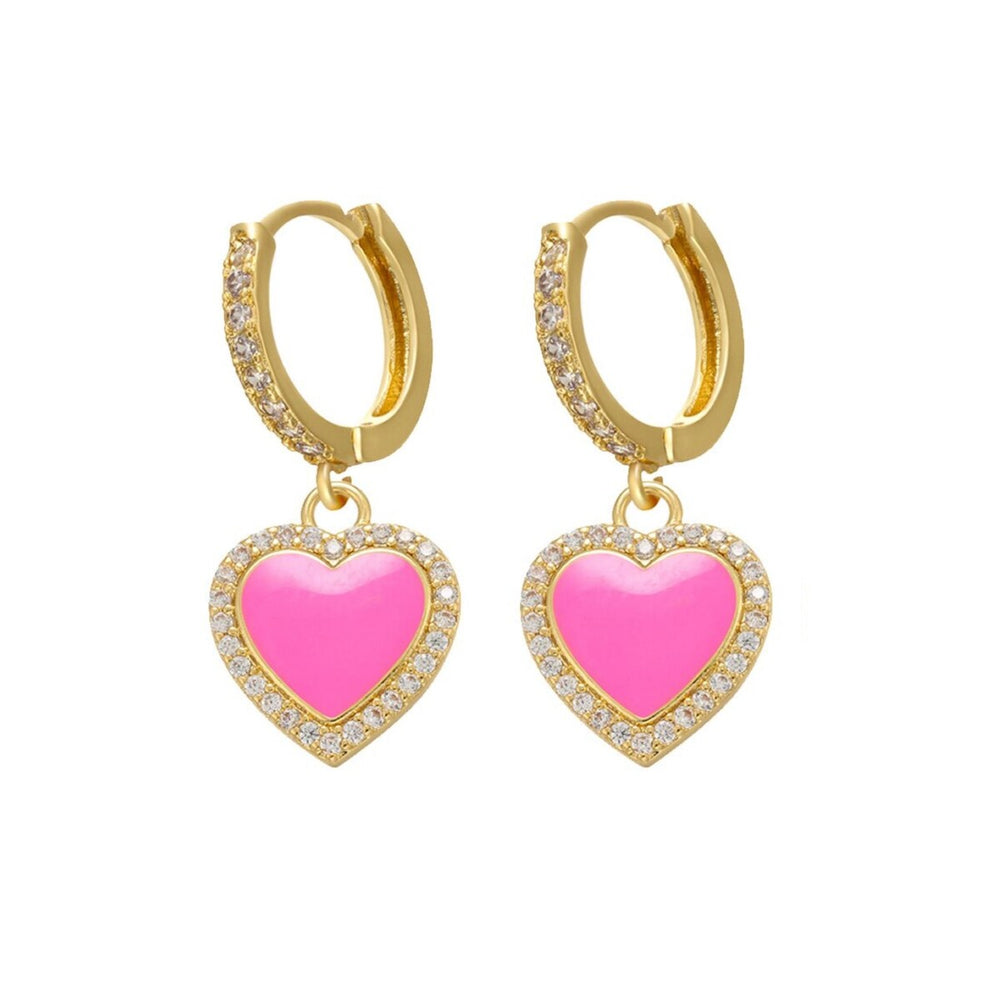 Goldtone Neon Crystal Heart Huggie Hoop Earrings