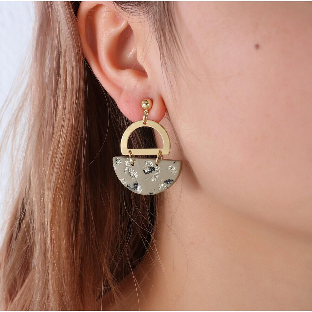 Goldtone Olive Green Glittering Semi Circle Drop Earrings