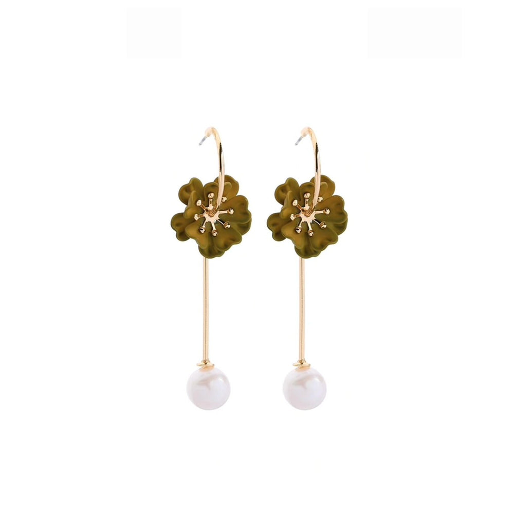 Goldtone Olive Green Imitation Pearl Hooped Earrings