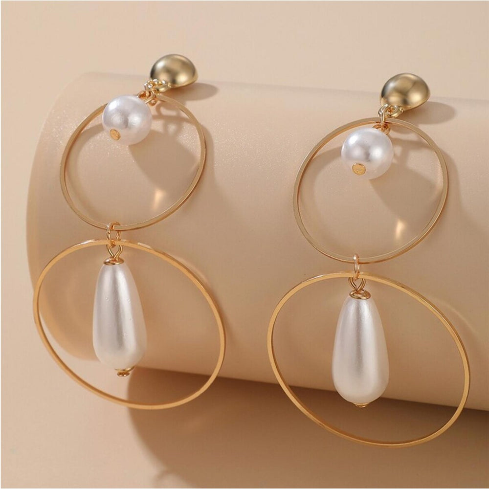 Goldtone Open Circle Dual Imitation Pearl Drop Earrings