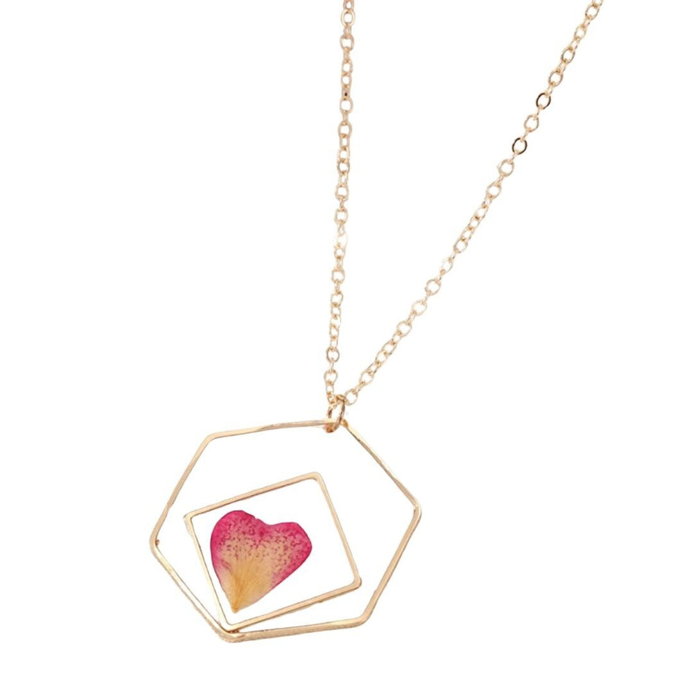 Goldtone Open Hexagon & Pink Heart Pendant Necklace - White