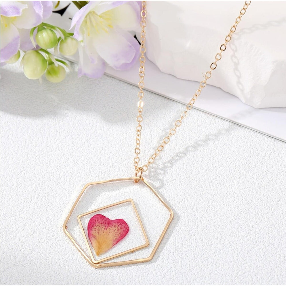 Goldtone Open Hexagon & Pink Heart Pendant Necklace - White