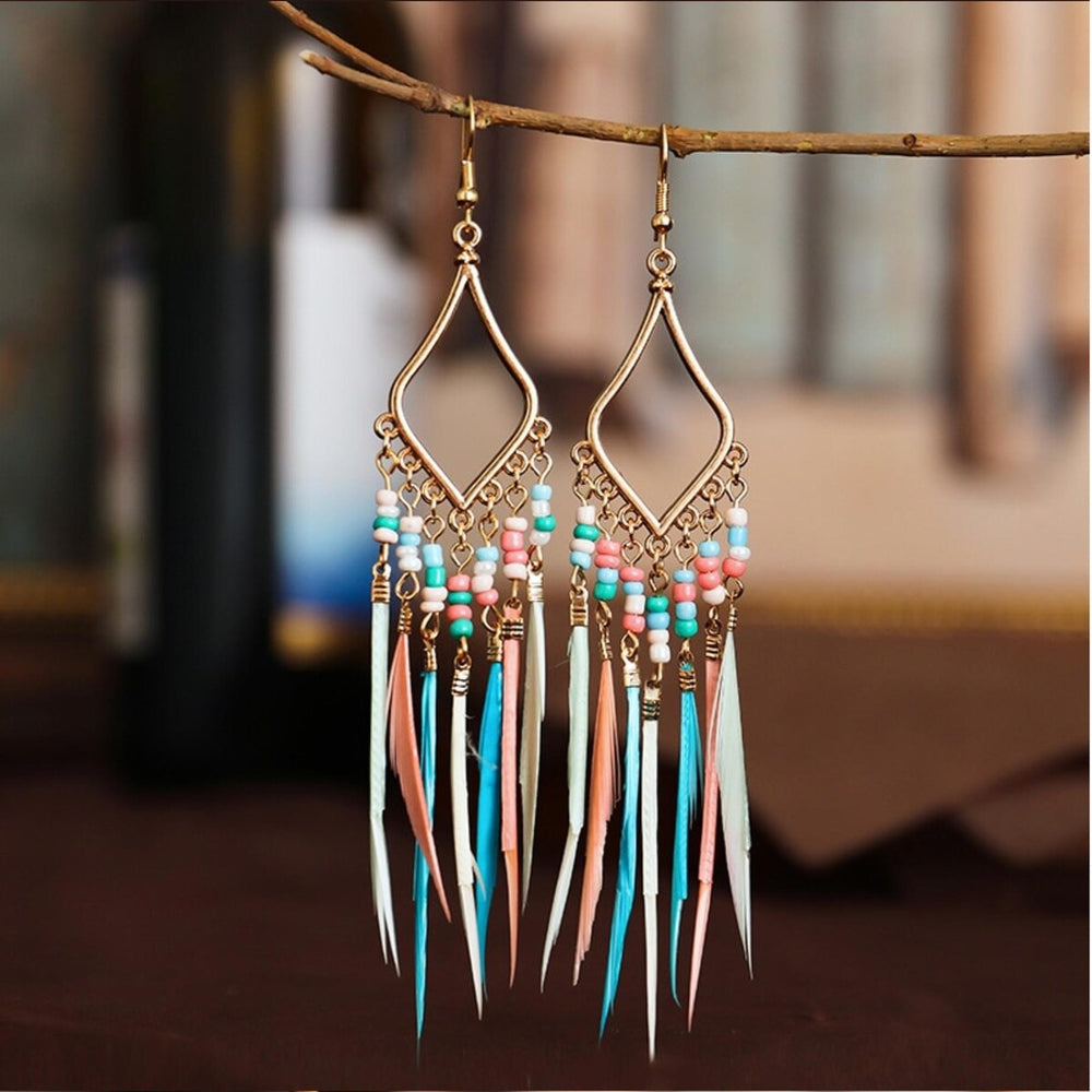 Goldtone Open Teardrop Multi Colored Feather Drop Earrings