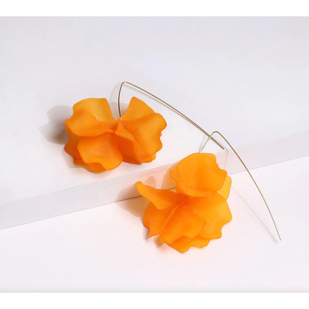 Goldtone Orange Flower Threader Earrings