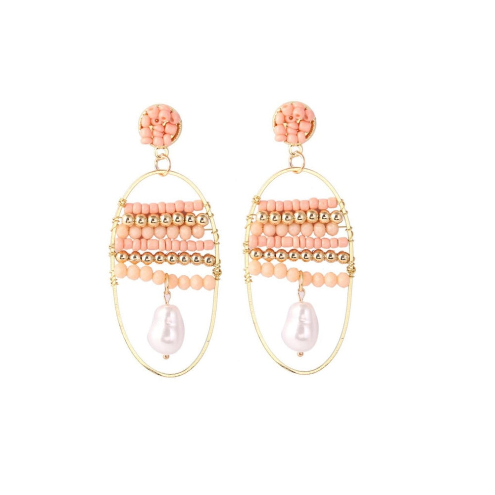 Goldtone Pink Beaded Oval Drop Earrings With Imitation Pearl