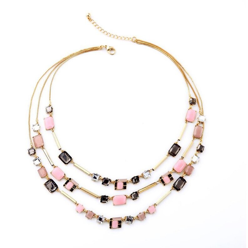 Goldtone Pink Black Layered Necklace - White