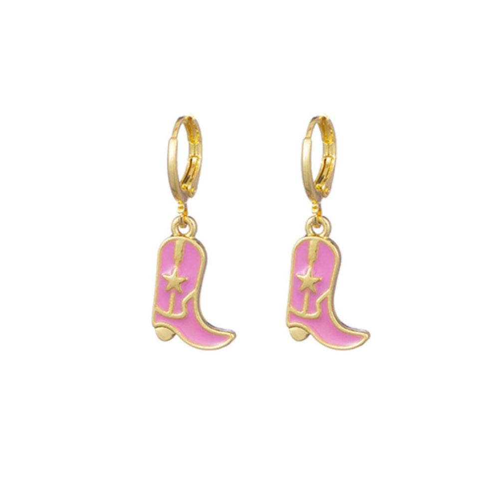 Goldtone Pink Cowboy Boots Huggie Hoop Earrings