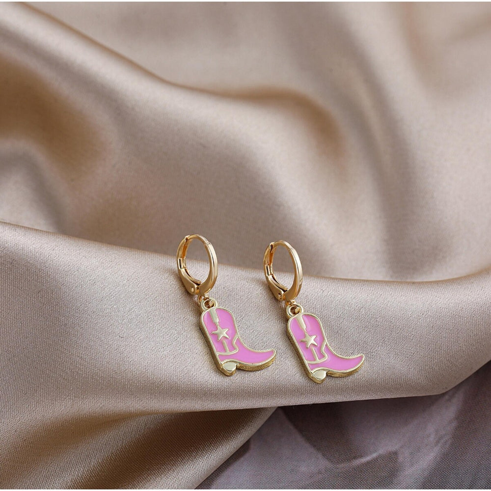 Goldtone Pink Cowboy Boots Huggie Hoop Earrings