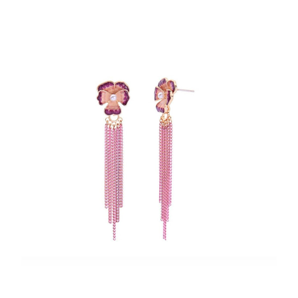 Goldtone Pink Floral Chain Drop Earrings