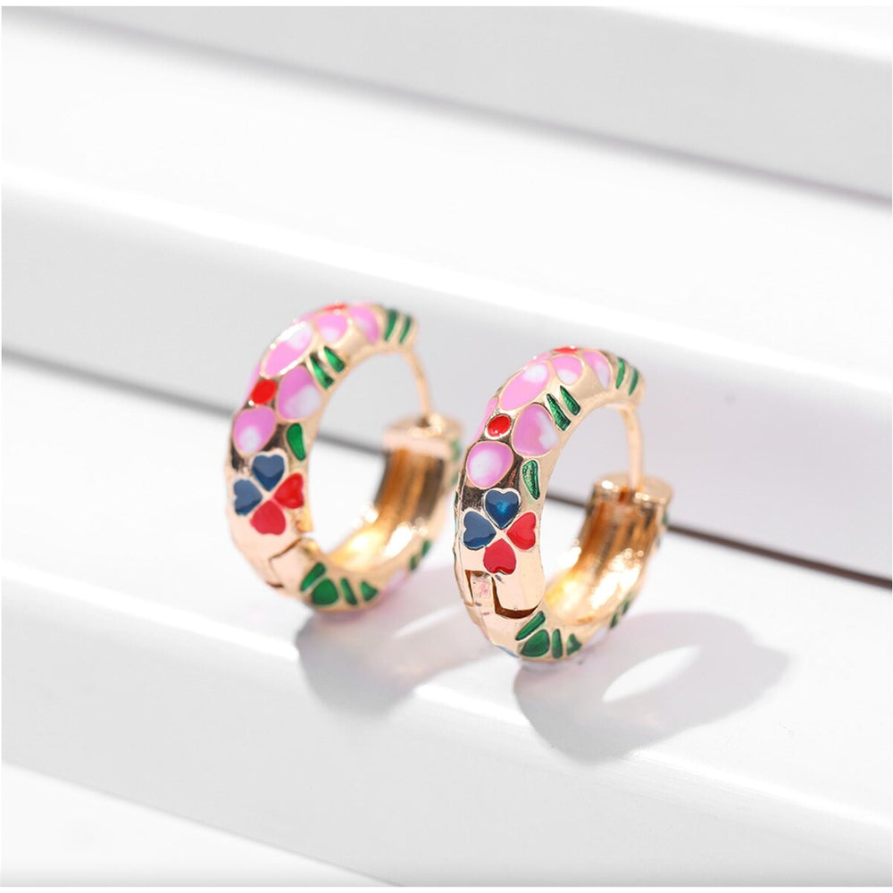 Goldtone Pink Floral Huggie Hoop Earrings