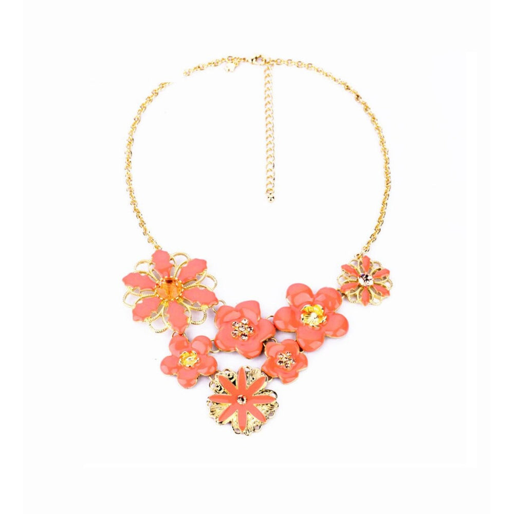 Goldtone Pink Flower Statement Bib Necklace - White