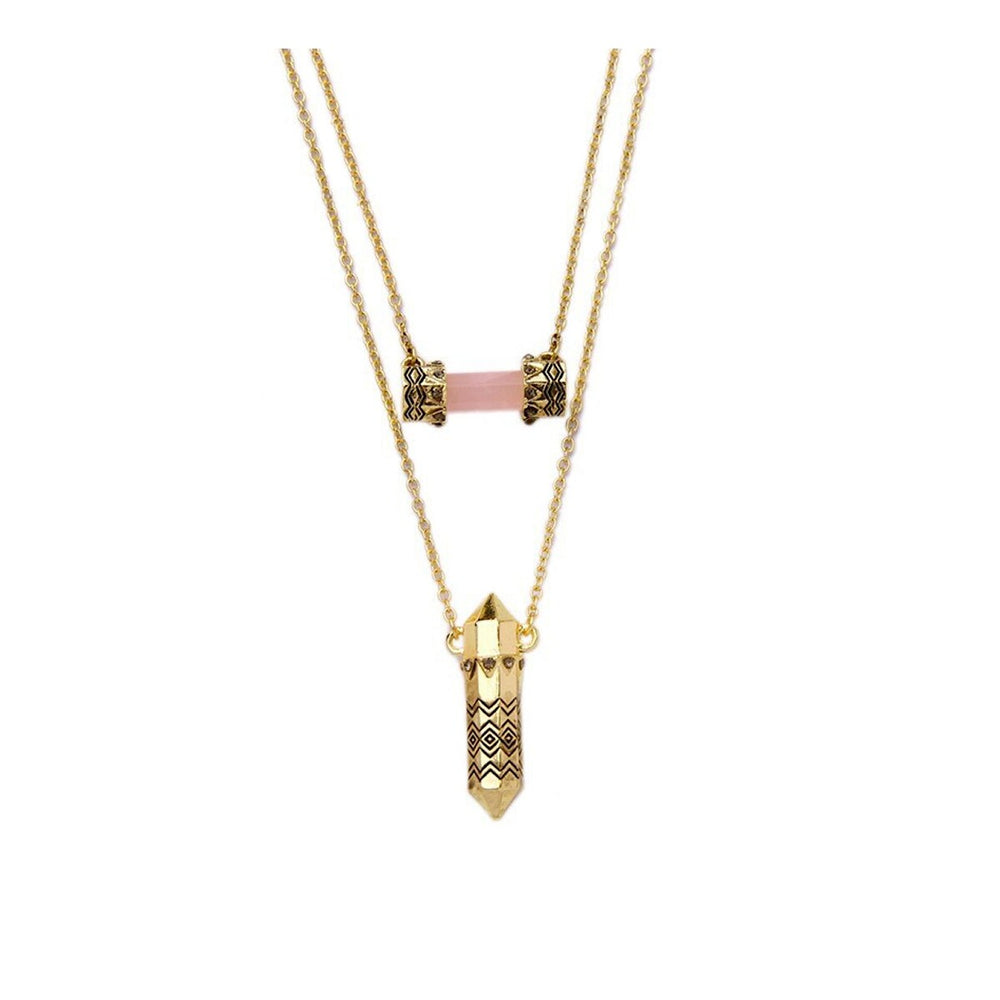 Goldtone Pink Geometric Prism Layered Necklace - White