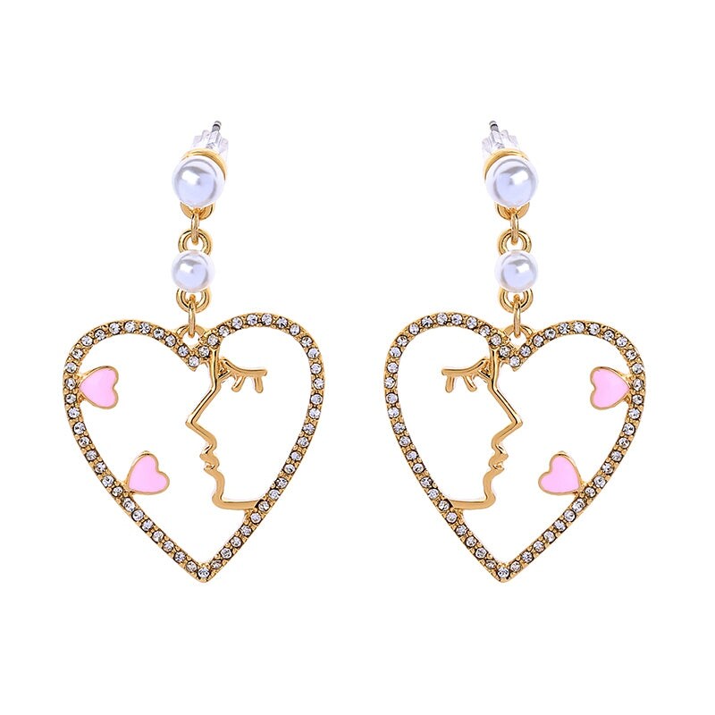 Goldtone Pink Heart Face Drop Earrings