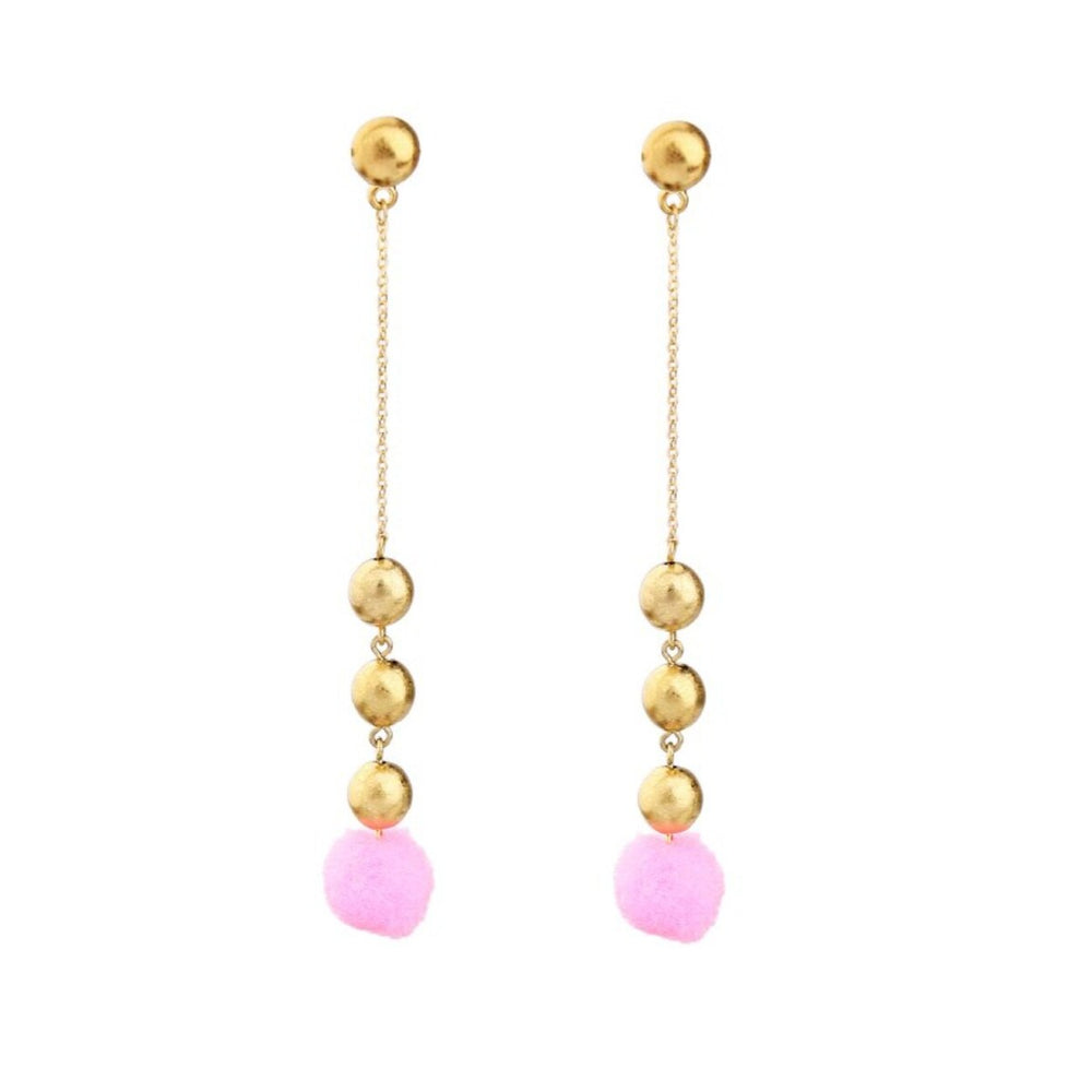 Goldtone Pink Pom Pom Drop Earrings