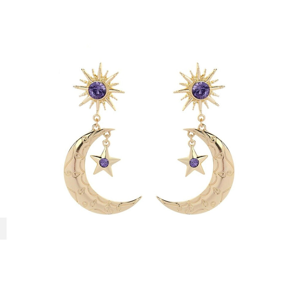 Goldtone Purple Crystal Moon Star Earrings