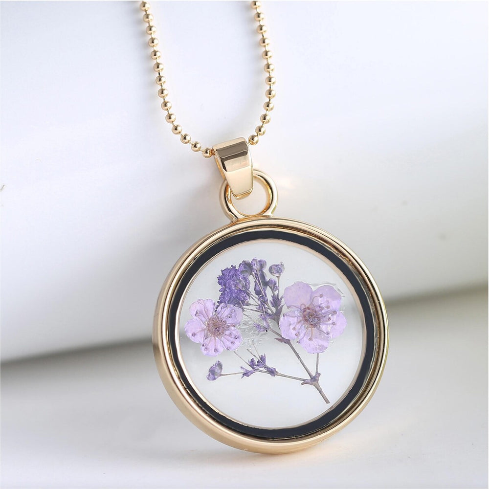 Goldtone Purple Dried Flower Circular Pendant Necklace - White