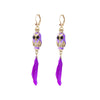 Goldtone Purple Owl Feather Drop Earrings