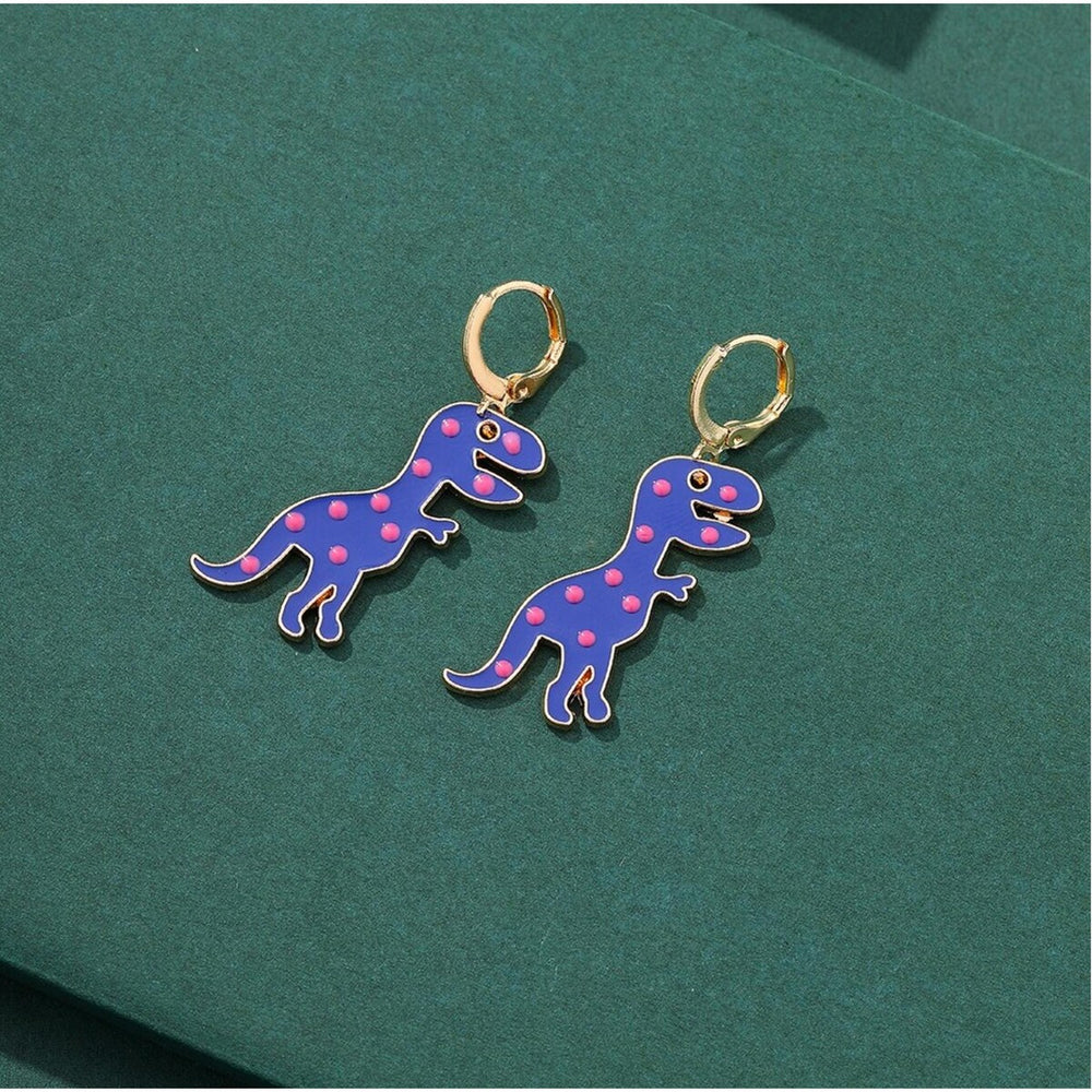 Goldtone Purple Pink Dinosaur Huggie Hoop Earrings