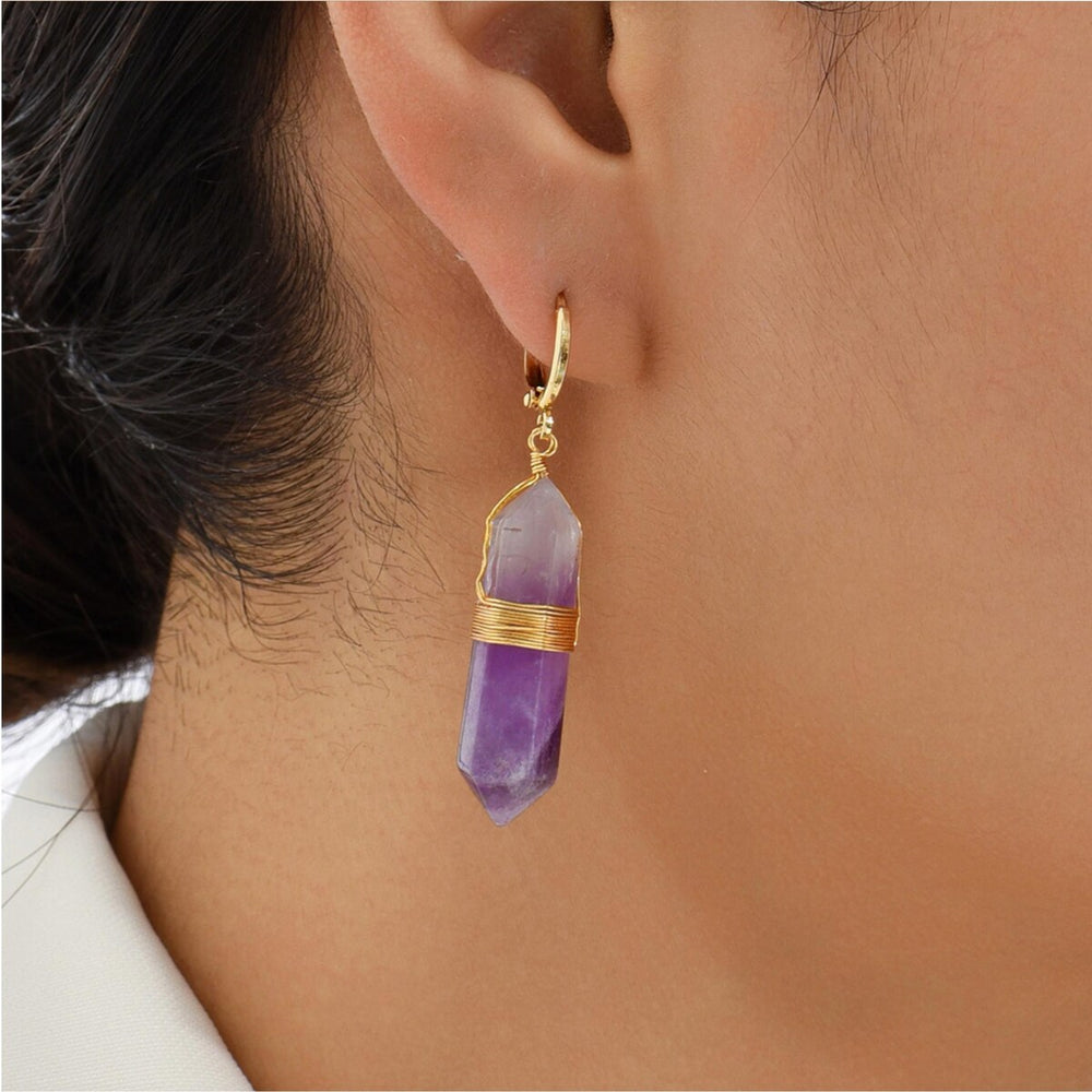 Goldtone Purple Prism Crystal Hoop Drop Earrings